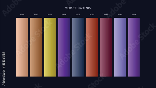 Vibrant Gradient Color Palette Swatches with HEX Codes for UI and Branding on Dark Background