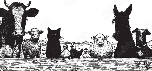 Farm animals in a black and white vector illustration. This set features a cow, sheep, cat, dog, and chickens in a group portrait.