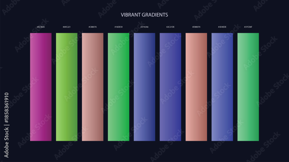 Fototapeta premium Vibrant Gradient Color Palette Swatches with HEX Codes for UI and Branding on Dark Background