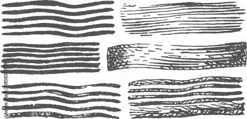 Simple black lines in various widths and textures. This set showcases horizontal stripes and patterns in a modern vector illustration.