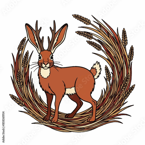 Jackalope mythical creature with antlers and rabbit body.