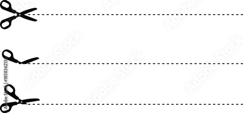 Set of scissors with black cut lines. scissor cutting paper with dotted line isolated on white background. Vector and illustration of scissors.