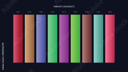 Vibrant Gradient Color Palette Swatches with HEX Codes for UI and Branding on Dark Background