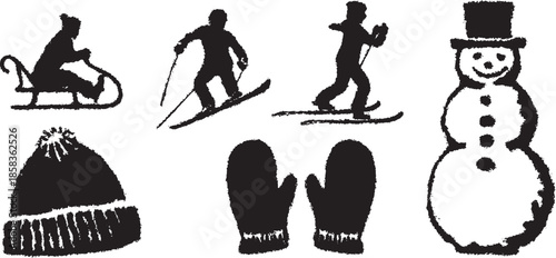Winter activity icons in black silhouette style. Features skiing, sledding, mittens, hat, and snowman in a simple vector set illustration.