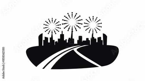 Modern cityscape at night with fireworks exploding