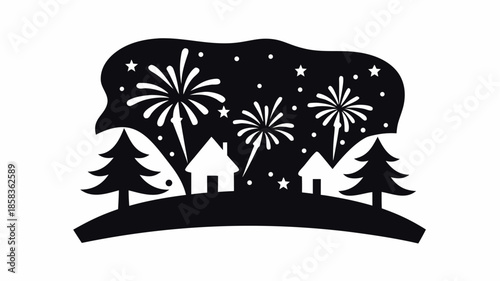 Black silhouette of a festive village celebrating with fireworks