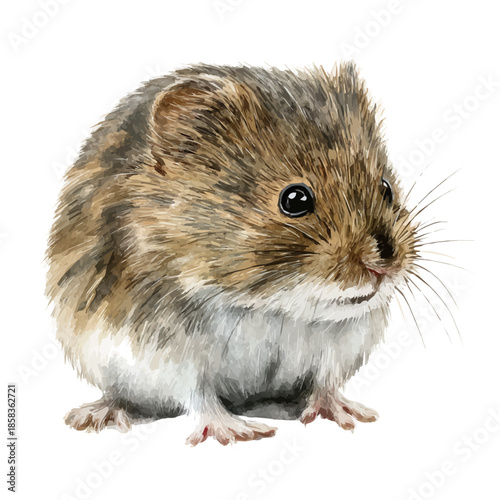 Watercolor Vole vector, artistic painting style, high-resolution illustration on a pure white background.