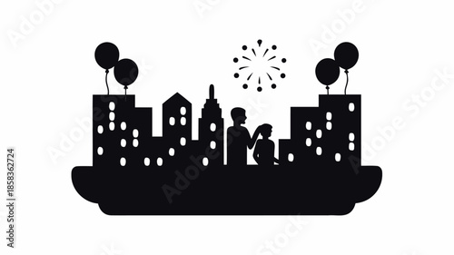 Silhouette of happy family watching fireworks in city