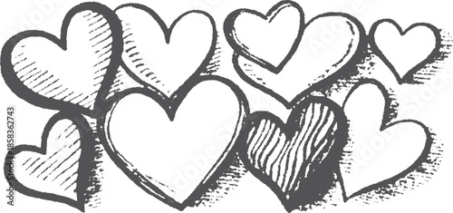 Hearts in a simple, sketched style. Black and white vector illustration for decorations or cards, ideal for a trendy design set.