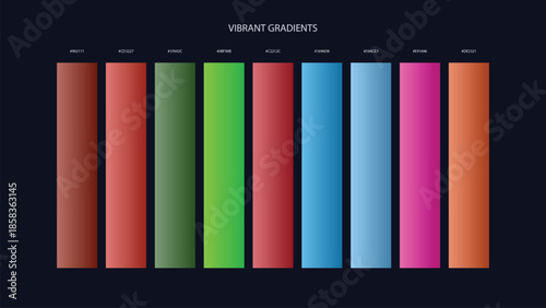 Vibrant Gradient Color Palette Swatches with HEX Codes for UI and Branding on Dark Background