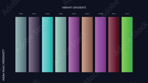 Vibrant Gradient Color Palette Swatches with HEX Codes for UI and Branding on Dark Background