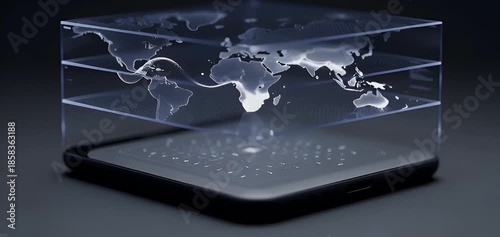 Futuristic Smartphone Projecting Holographic World Map with Global Data and Digital Network Connections
