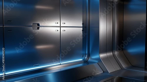 Futuristic Sci-Fi Interior with Blue Neon Light and Metallic Panels Abstract Background