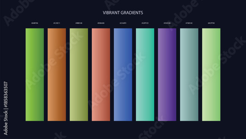 Vibrant Gradient Color Palette Swatches with HEX Codes for UI and Branding on Dark Background