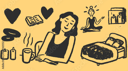 Meditation scene featuring a woman with coffee and a book. Cozy set includes candles, stones, and a bed in a simple vector illustration.