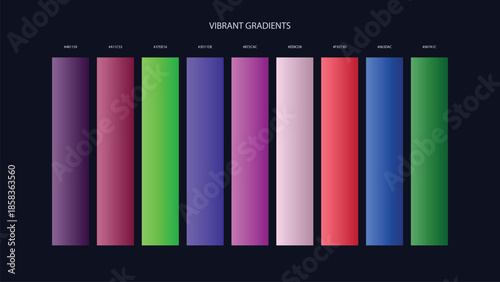 Vibrant Gradient Color Palette Swatches with HEX Codes for UI and Branding on Dark Background