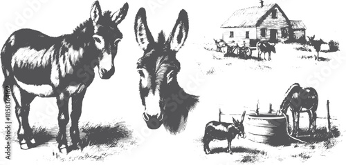 Donkey and horse in a rural farmhouse set. Detailed black and white vector illustration featuring animals, grass, and a well.