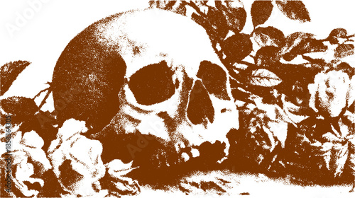 Skull surrounded by roses in a vintage style. Brown floral vector illustration set with a decorative aesthetic.