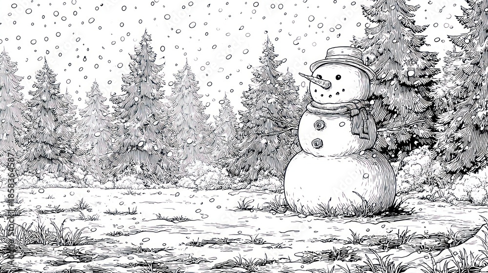 Fototapeta premium Black and white illustration of a snowman wearing a hat and scarf in a snowy forest
