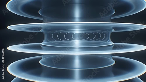Abstract Transparent Discs Stacked Vertically with Glowing Light and Concentric Rings on Dark Background