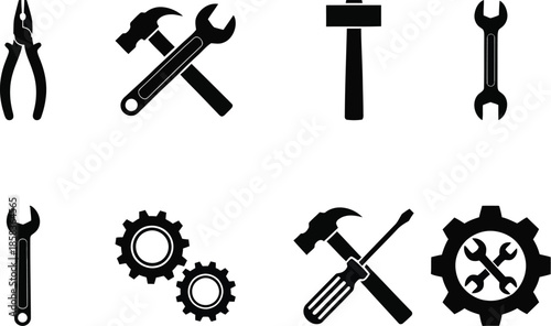 Black silhouettes of various hand tools and mechanisms