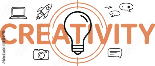 Creative process visualization: laptop, rocket, camera, and speech bubbles symbolizing innovation 