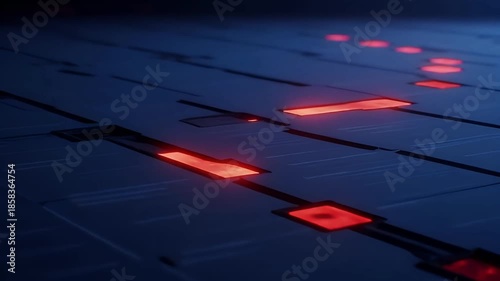 Dark Background with Glowing Red Lines on Futuristic Metallic Panels, Symbolizing Data Flow and Advanced Technology