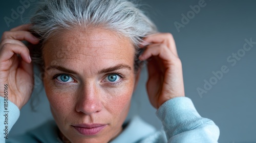 Wallpaper Mural A close-up portrait of a woman with striking gray hair and piercing blue eyes, showcasing emotion and depth, inviting reflection on beauty and aging gracefully in life. Torontodigital.ca