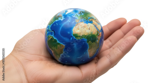 Valokuva Earth globe in hand isolated PNG, showing continents and oceans, concept of envi