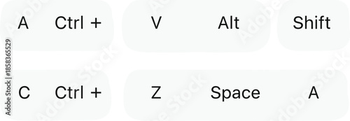 Keyboard shortcut icons, computing keys, productivity symbols, Ctrl Alt Shift combos, digital interface tools – flat vector illustration