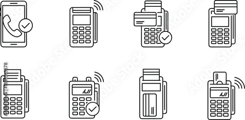 Payment terminal icon set, contactless and chip card methods, mobile transaction symbols – flat vector illustration