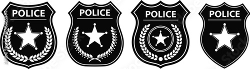 Police badge set, shield icons, law enforcement symbols, star and laurel design, authority insignia – flat vector 