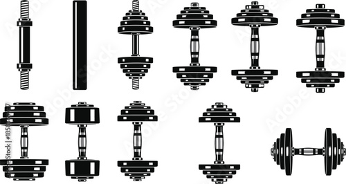 Dumbbell and barbell icon set, fitness equipment symbols, weight training tools, gym gear – flat vector illustration