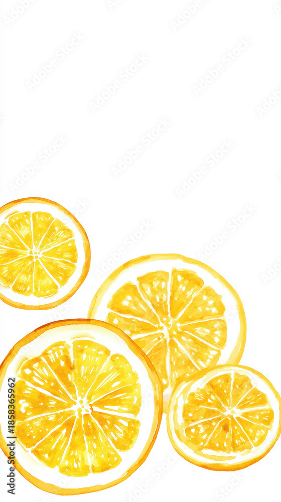 Fototapeta premium Fresh watercolor lemon slices illustration on white background, vibrant yellow citrus fruit arranged as a cheerful bottom border