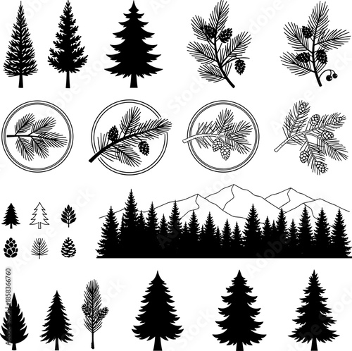 Huge Collection of Pine and Spruce Tree Silhouettes, Conifer Forest Vector Elements, Evergreen Branches, and Pine Cone Icons for Nature Logos, Christmas Design, and Outdoor Badges.