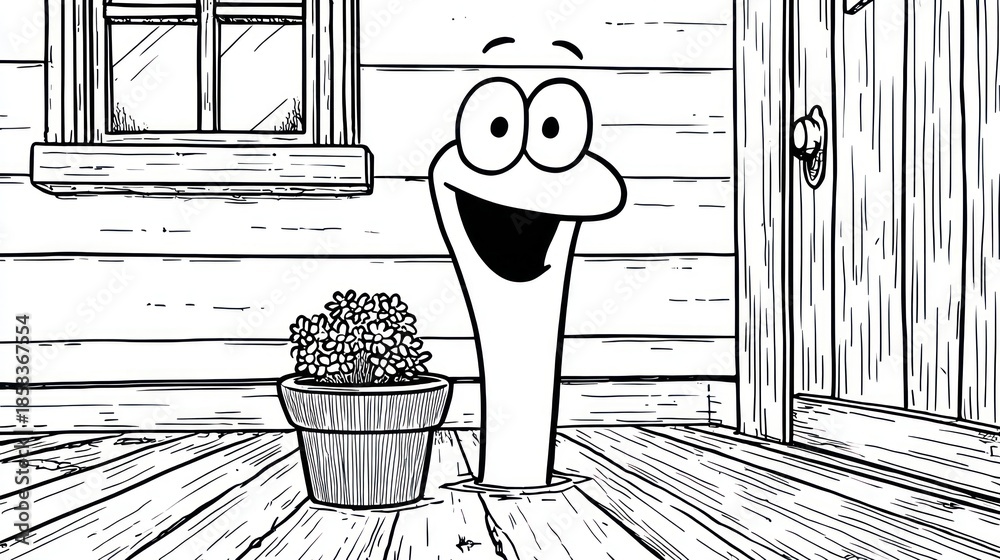 Fototapeta premium Cartoon character peering from a hole on a wooden porch, next to a flower pot