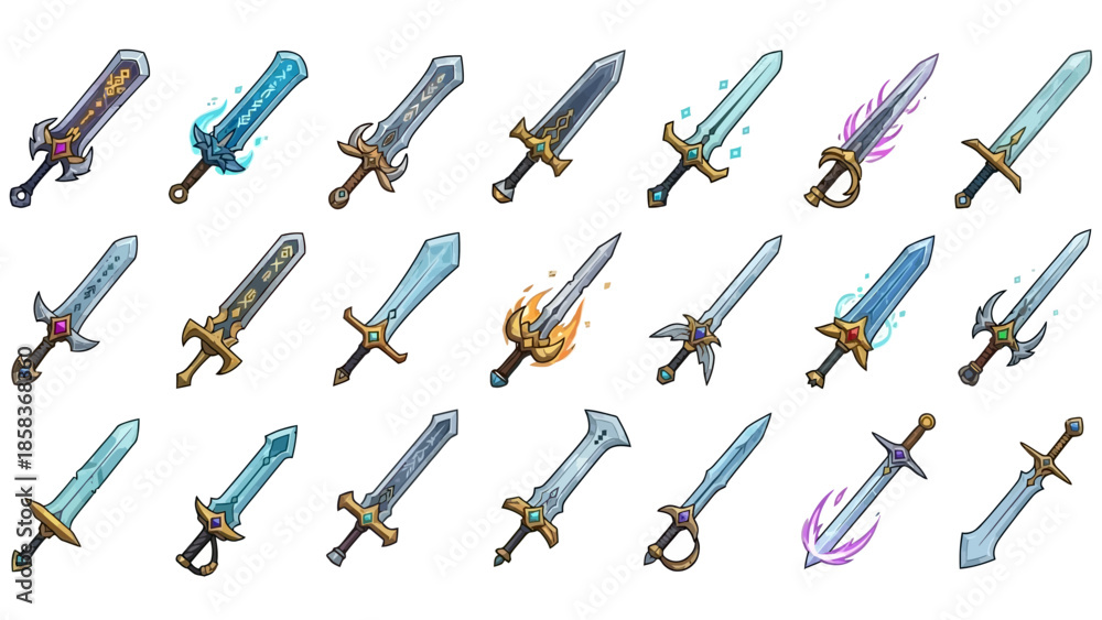 Naklejka premium Collection of Fantasy Swords with Unique Designs and Magical Elements.