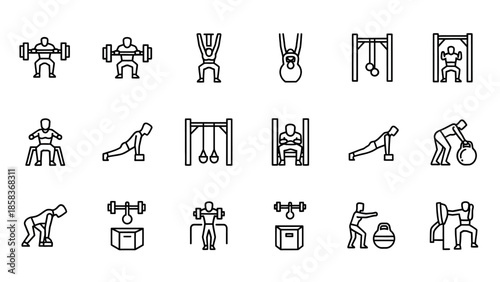 Collection of fitness and workout icons representing various exercises and equipment.