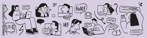 Hand drawn communication doodle illustration set with people chatting, video calls, messages, notifications and reactions. Modern black line art for social media, apps, websites and editorial design.