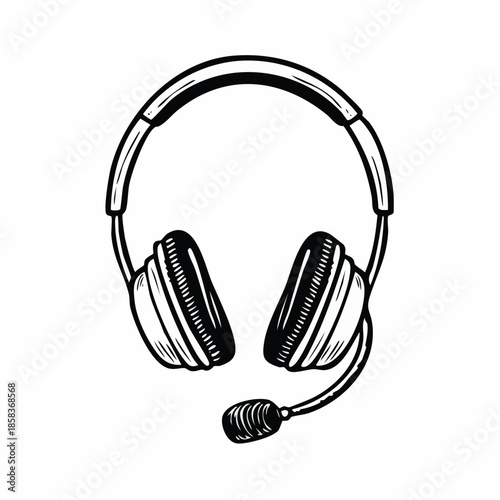 A pair of headphones with a microphone attached, illustrated in black and white, showcasing a simple yet functional design.