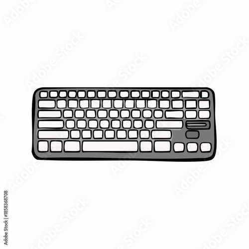 A detailed illustration of a modern, slim, wireless computer keyboard with a dark gray finish and white keycaps.