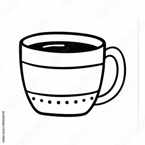 A simple black and white line drawing of a coffee mug filled with dark liquid.