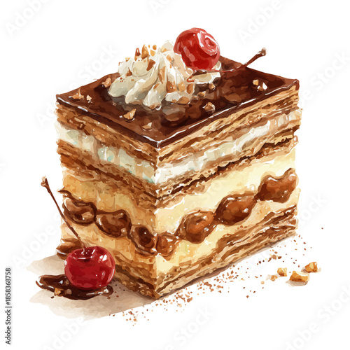 Stylized watercolor Opera Cake vector, modern artistic illustration with high-quality details on a pure white background.