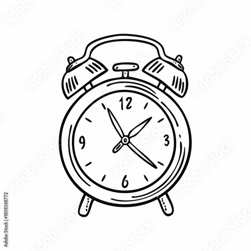 A hand-drawn black and white line art illustration of a vintage alarm clock with bells on top and a round face showing the time.