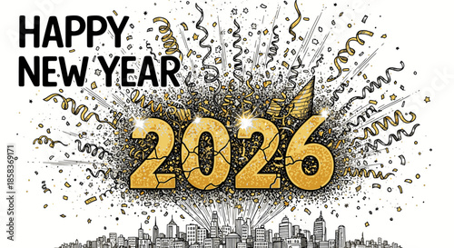 A vibrant and festive illustration celebrating the arrival of Happy New Year 2026 with golden confetti exploding over a modern cityscape.