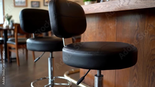 Modern black leather bar stools next to wooden counter in empty cafe restaurant interior
