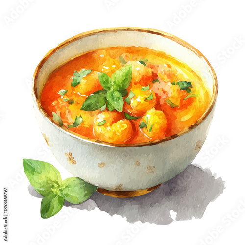 Curry watercolor drawing vector, premium quality illustration on a clean white background.