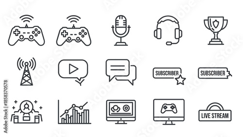 Collection of gaming and streaming icons in outline style.