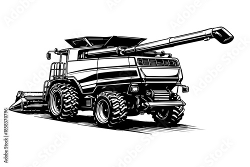 Rear three-quarter angle of a combine harvester with unloading auger extended