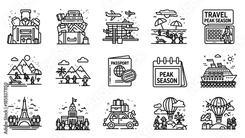 Collection of Hand Drawn Travel and Tourism Icons.